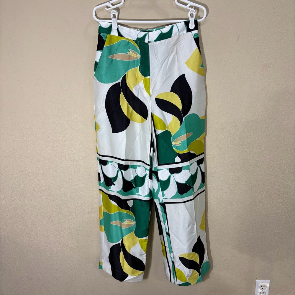 Zara Women Botanical Wide Leg Cream Green Boho Pants SZ M Retro Resortwear Party